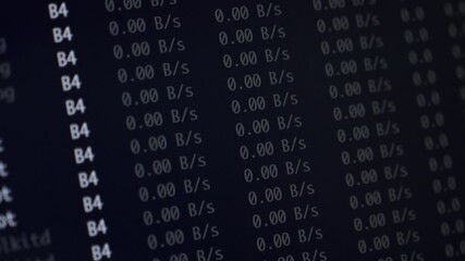 Digital screen showing zeroes in bytes per second with a teal highlighted row, representing data processing, network monitoring, and cybersecurity analysis