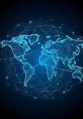 Digital world map with glowing blue network connections on dark background - technology, internet, global communication concept
