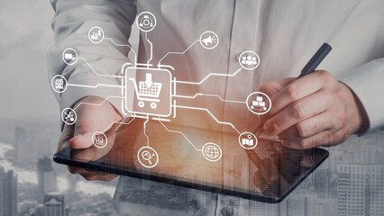 Wall Mural - Omni-channel marketing and online shopping strategies, cross-platform customer experience, brand unification, and integrated marketing communication across digital channels. Muxer