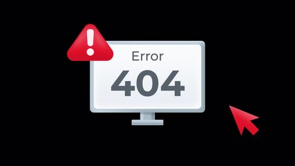 Error 404 computer screen icon with red warning icon and cursor. for website maintenance, broken link, or page not found design. 4k alpha channel animation