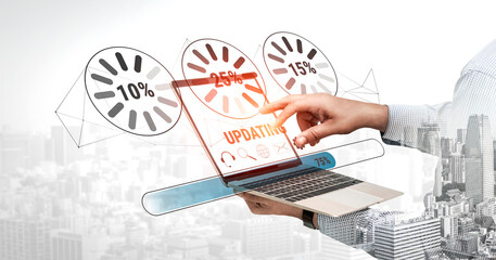 A concept of a system update and software installation. A progress bar and loading icons showing the update percentage and status. Motif