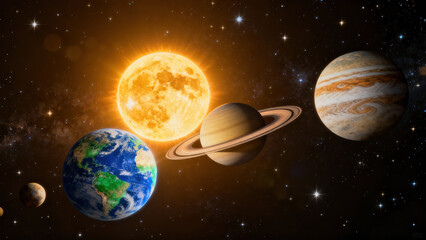 Wall Mural - A brilliant sun illuminates the solar system, highlighting Earth, Saturn, and Jupiter. This striking cosmic display captures the wonder and grandeur of space in a stellar arrangement