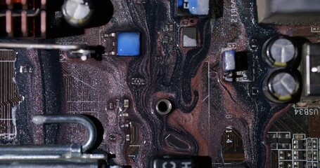 Wall Mural - Paint fluid. Electronic technology. Defocused orange blue color glitter water digital microcircuit dark black liquid on abstract art background.