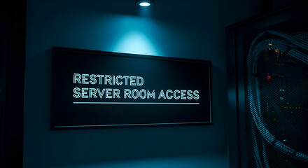 Restricted Server Room Access Illuminated Sign Against Dark Blue Wall