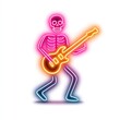 © Irina B - Neon skeleton playing electric guitar with vibrant colors for musical event design. White background