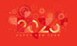 © tandav - Celebrating 2026 New Year. Bright card for happy event with abstract golden fireworks and golden numbers on red background with geometric pattern. Template for poster, flyer, web. Vector illustration
