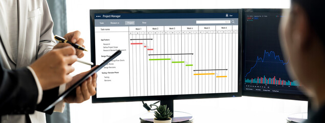 Wall Mural - Project planning software for brisk business project management on the computer screen showing timeline chart of the team project