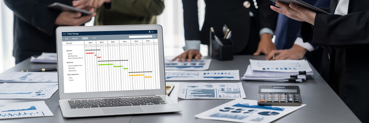 Wall Mural - Project planning software for brisk business project management on the computer screen showing timeline chart of the team project