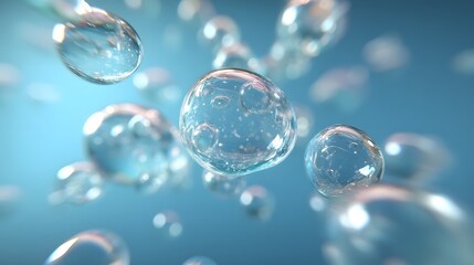 Wall Mural - Floating water bubbles in a serene blue background, creating a tranquil and refreshing atmosphere.