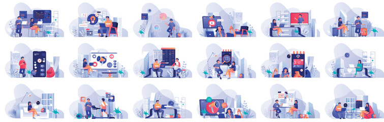 Wall Mural - Mega set flat design concept business, marketing, shopping, banking, analysis, social network with people character situations. Bundle of different scenes. Collection vector illustrations.