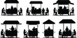© Riyaj Vector Valley - Black silhouette food carts with people eating and drinking outdoors black and white street food