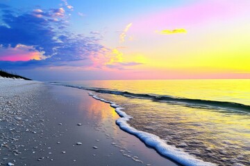 Wall Mural - Vibrant sunrise over calm beach with colorful sky and tranquil waves