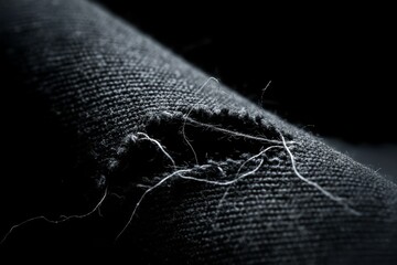  An extreme macro shot focusing on a frayed tear in dark denim or coarse fabric. Bright white threads pull out of the hole, creating a high-contrast, tactile study of worn and stressed material textur