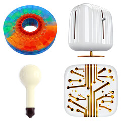 Diverse array of modern technology and futuristic concepts represented by abstract shapes and components isolated on transparent background