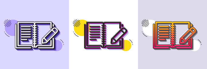 Wall Mural - Feedback line icon. Halftone dotted pattern. Gradient icon with grain shadow. Book with pencil sign. Copywriting symbol. Line feedback icon. Various designs. Vector