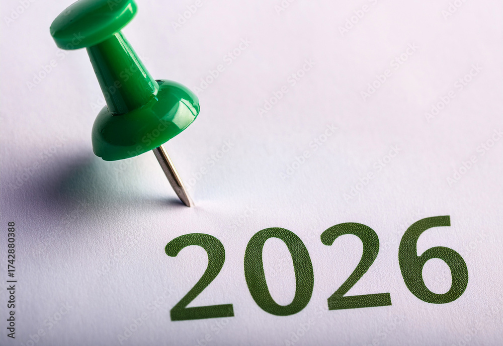 green pin marks year 2026 on white paper Stock Photo | Adobe Stock