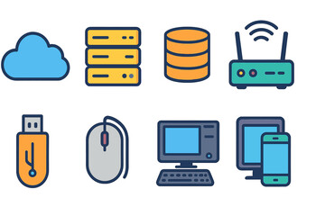 Wall Mural - Technology, computing flat icon set. devices, network, cloud icons flat collection