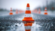 © Daria - Focus on a traffic cone blocking a wet road with additional cones in the background