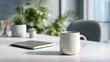 © Daria - White ceramic mug filled with hot coffee on a modern office desk with a spiral notebook and lush green plants in the background enjoying natural sunlight ambiance