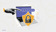 © ssstocker - Cybersecurity collage. Secure cyber password, computer information protect shield padlock lock hacker key save internet safety data technology, halftone exact vector illustration