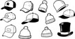 © victoria - Hand drawn doodle sketch set of various hats, including baseball caps, beanies, a bowler, and a top hat, in black and white line art style.