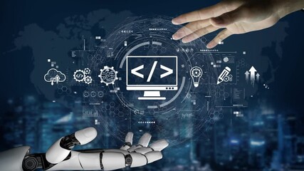 Modern web development concept featuring coding symbols, web development process, web development interface, and web development tools with futuristic design. Muxer