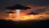 Dramatic ufo fleet over sunset landscape