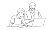© Gennyson Marinho - Vector line drawing of student and mentor looking at laptop with notebook and pen present too