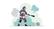 © Digitraz - A dedicated firefighter in protective gear skillfully uses a fire extinguisher and hose to combat a blaze, illustrating essential emergency services and safety.