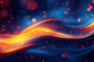 Wall Mural - Abstract background with flowing orange wave on blue with bokeh effect.