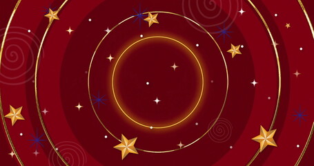 Wall Mural - image of stars and snowflakes over neon circles