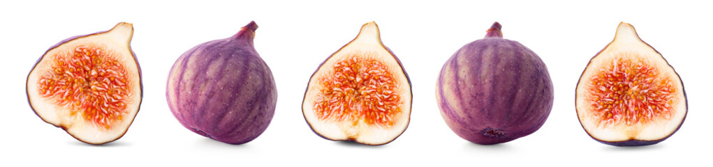 Wall Mural - Fresh sweet figs isolated on white, set. Whole and halves