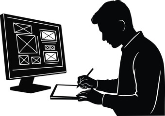 Silhouette designer working on computer wireframe ui ux design planning digital interface development creative process vector