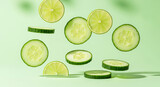 Fresh cucumber and lime slices floating on a green background.
