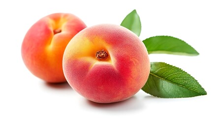Wall Mural - Two Ripe Peaches with Green Leaves Isolated on White Background, Close Up View