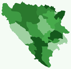  Map of Bosnia and Herzegovina with regions. Just a simple country border map with region division. Green color palette. Flat Bosnia and Herzegovina shape with administrative division.