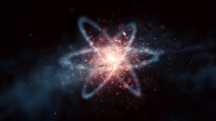 Wall Mural - Abstract glowing atom model a swirling nucleus with orbiting electrons made of luminous particles against a dark cosmic background
