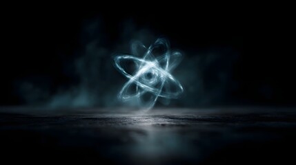 Wall Mural - A glowing abstract atom symbolizing science and energy in a dark atmospheric environment