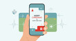 © Aries - A modern flat design illustration showing a smartphone screen with a digital 'Merry Christmas & Happy New Year' greeting, blending healthcare themes with festive cheer.