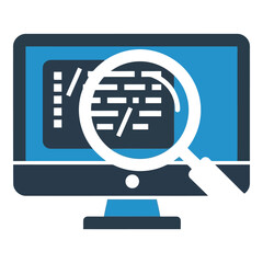 Icon vector art of computer screen with code magnified by a magnifying glass icon
