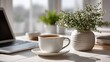 © Oulaphone - Minimalist desk setup for fashion designers bright interior space coffee and plants aesthetic office environment