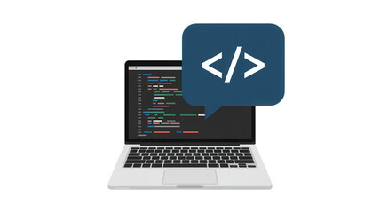 Modern laptop displaying lines of code with a blue speech bubble icon representing programming and software development