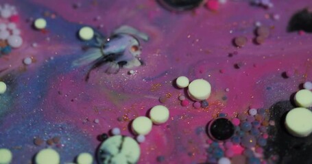 Wall Mural - Bubble texture. Ink water. Defocused pink purple orange color oil round glitter liquid flow floating on abstract acrylic background.