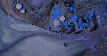 Wall Mural - Bubble water. Ink oil mix. Blur blue purple golden colorful glitter round liquid acrylic droplet floating on abstract art background.