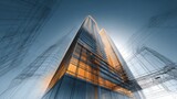 Architectural composition featuring 3D rendered skyscraper and blueprint overlay, clean perspective lines, modern design concept, soft lighting