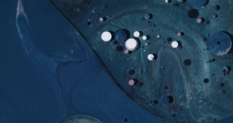 Wall Mural - Water oil. Acrylic paint fluid. Defocused blue white pink color sparkling blend flow round bubbles floating on abstract background.