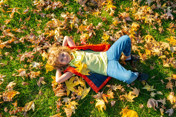 Wall Mural - Autumn kid portrait in fall leaf park. Cute child face near autumn fall leaf. Little boy enjoying autumn day with yellow maple and oak leaves. Autumn foliage with kids dreamy mood.