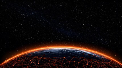 Wall Mural - The image presents a glowing planet with an illuminated connectivity network layered upon it, set against a backdrop of a star-filled night sky.