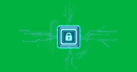Wall Mural - Animation of computer circuit element with online security padlock on transparent background