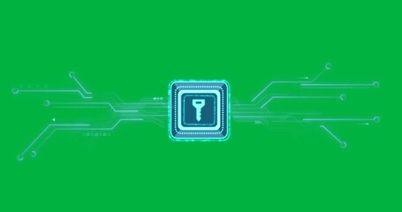 Wall Mural - Animation of computer circuit element with online security key on transparent background